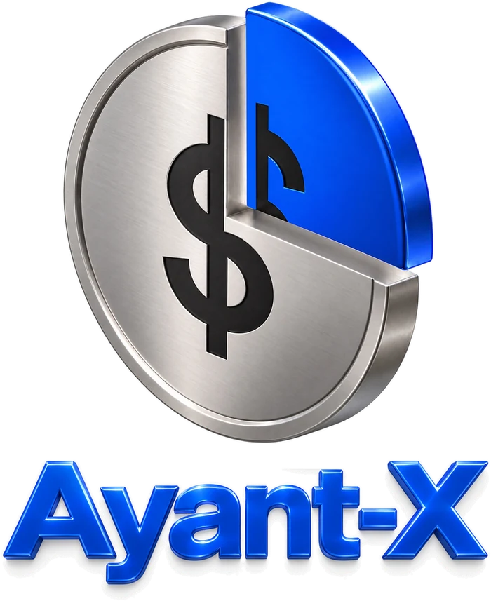 Ayant-X logo: a metal dollar coin with one blue quarter cut out and lifted away, above the name Ayant-X