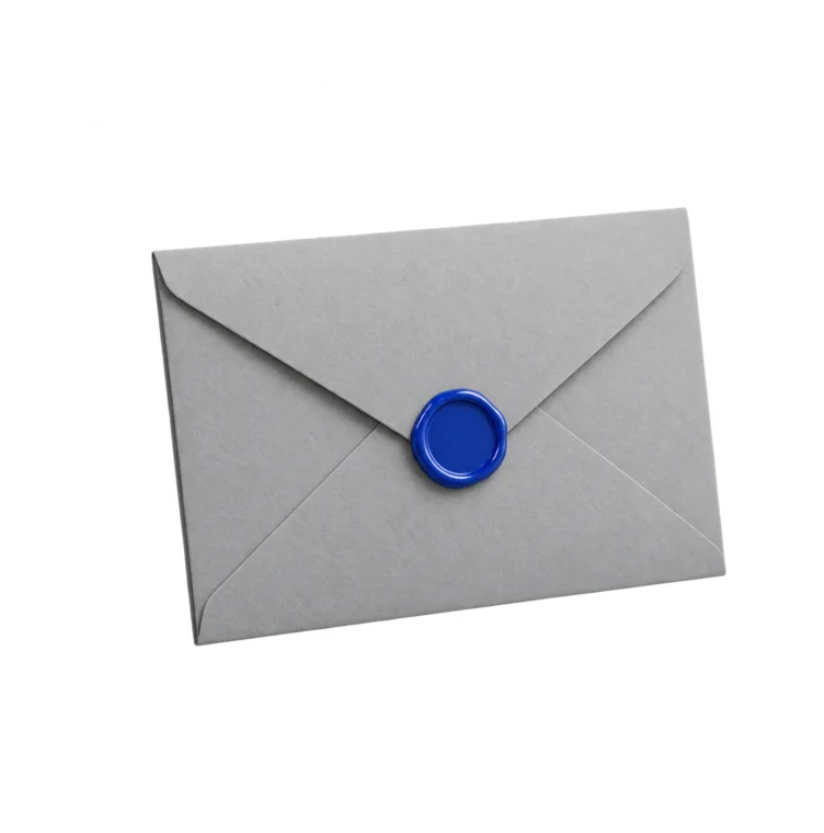 A grey envelope sealed with blue wax