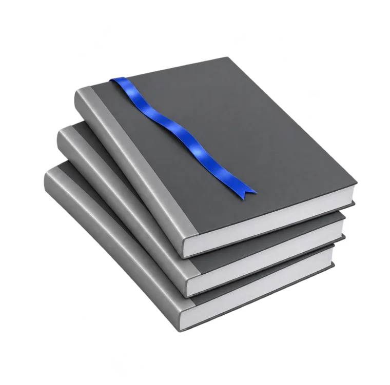 A stack of three report booklets with a blue bookmark
