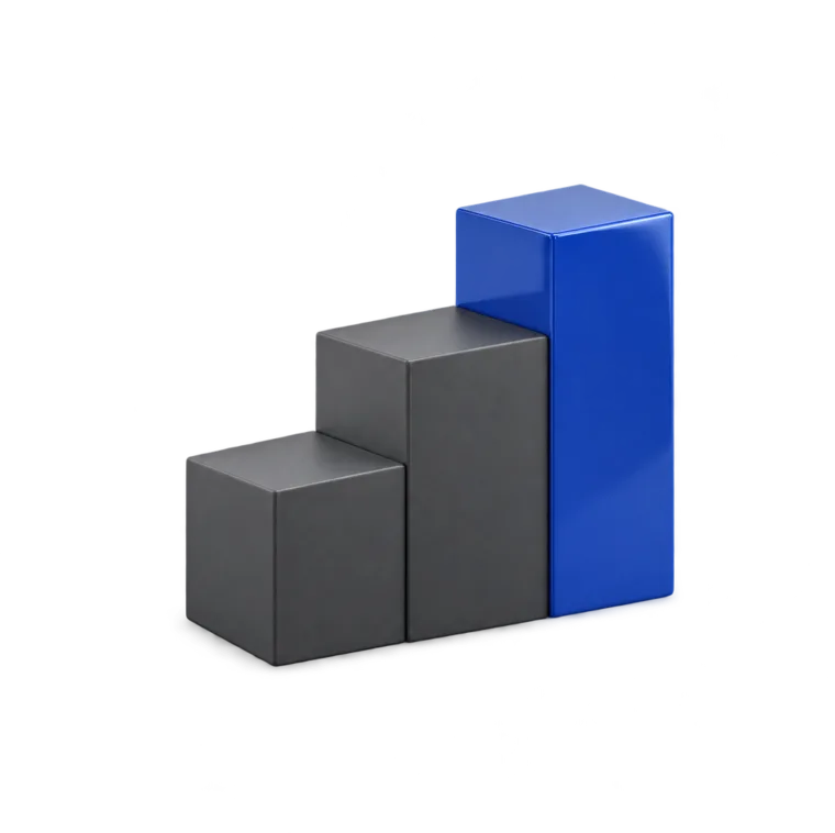Three blocks rising as steps, the tallest one blue
