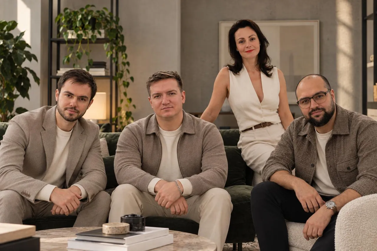 The Ayant-X team on a sofa in an office: from left, Artemiy Ivanov, Timur Galimov, Angelika Esayants standing behind, and Samvel Budumyan